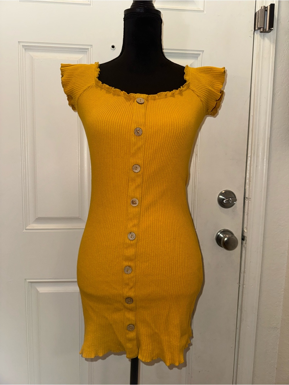 Active USA Mustard Yellow Ribbed Button-Front Mini Dress 0298